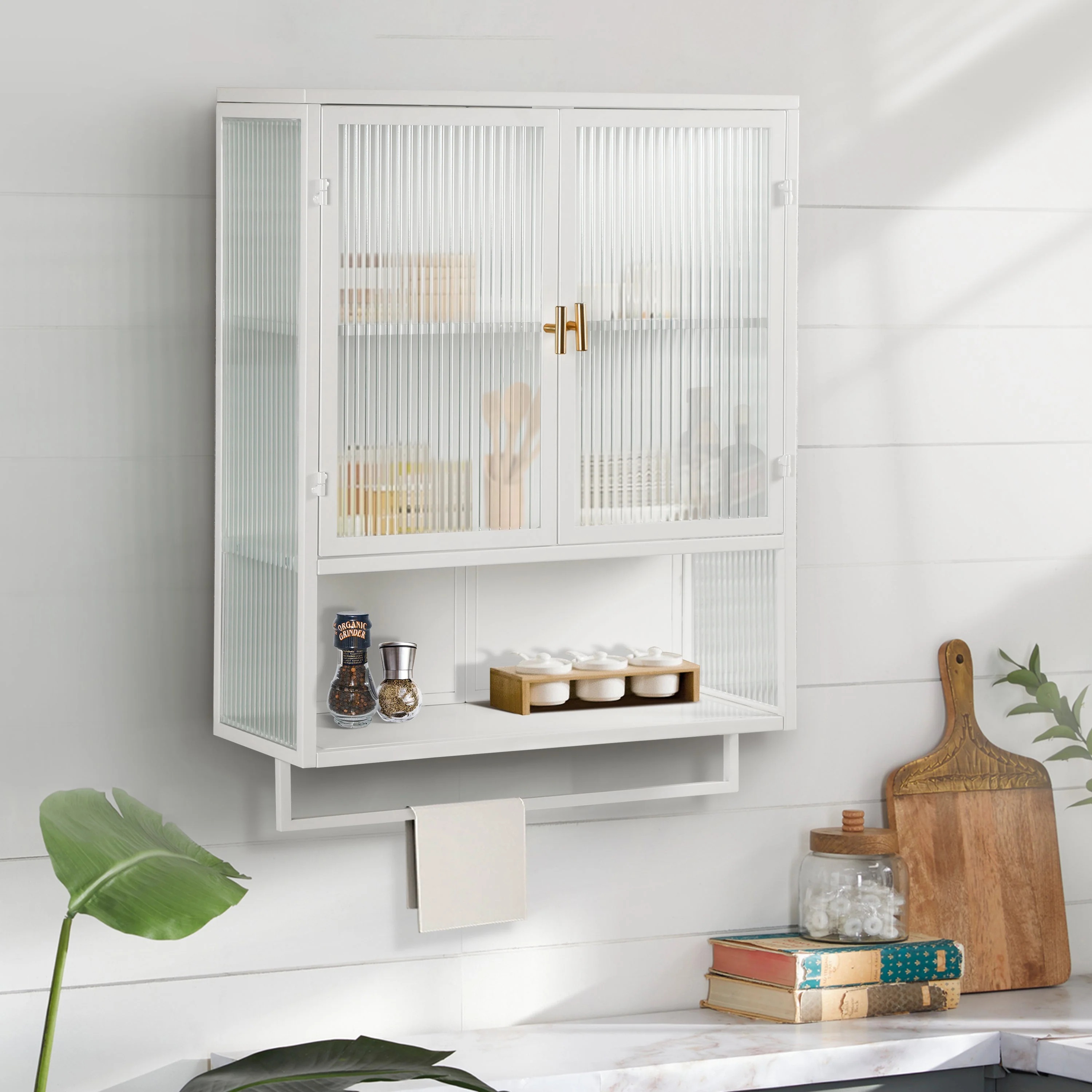 23.62"Glass Doors Modern Two-door Wall Cabinet with Featuring Two-tier Enclosed Storage an Open Shelf and Towel Rack - Image 9