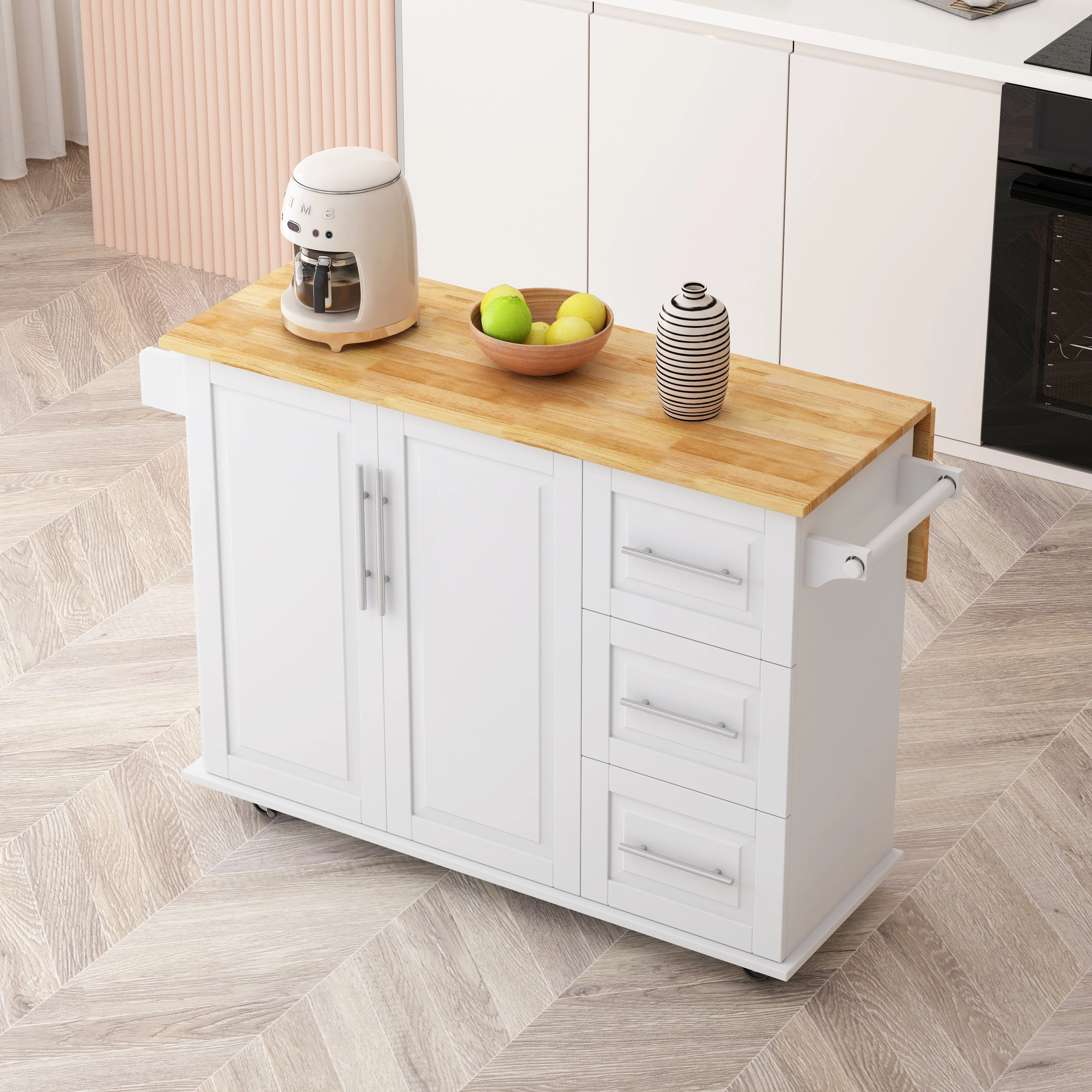 Kitchen Island Cart with 2 Door Cabinet and Three Drawers,43.31 Inch Width with Spice Rack,Towel Rack (White) - Image 11