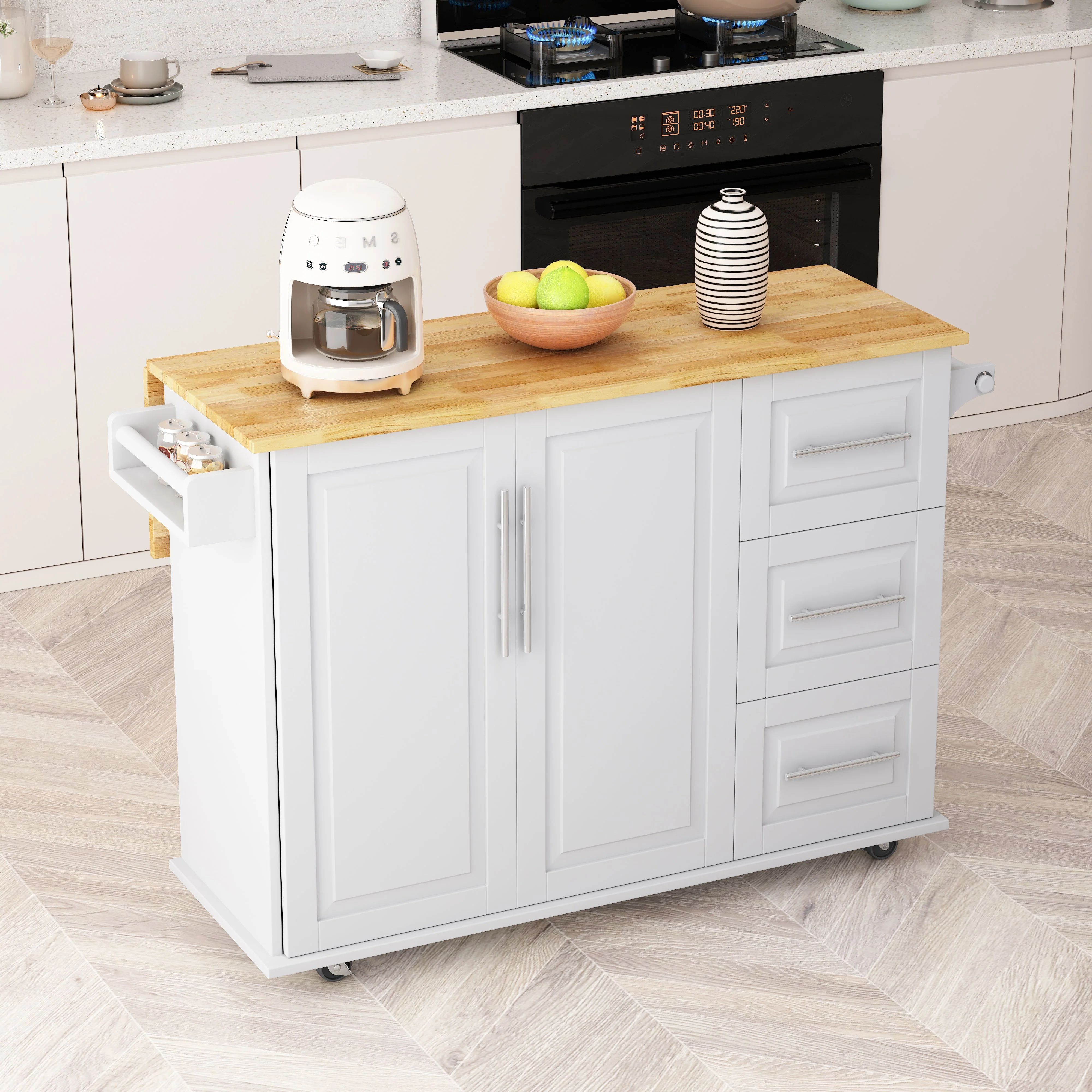 Kitchen Island Cart with 2 Door Cabinet and Three Drawers,43.31 Inch Width with Spice Rack,Towel Rack (White) - Image 7