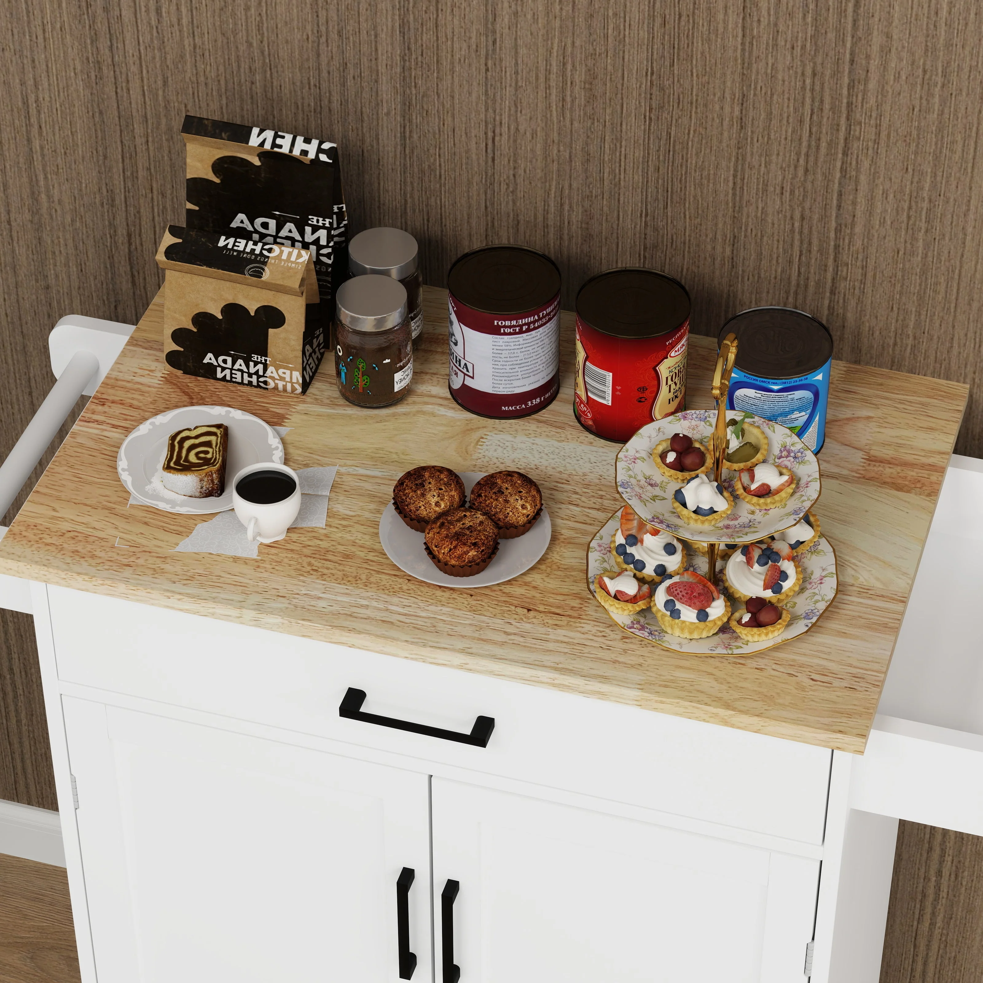 Kitchen island rolling trolley cart with 1 drawer & 2 doors with storage racks & Adjustable Shelves & towel rack - Image 4