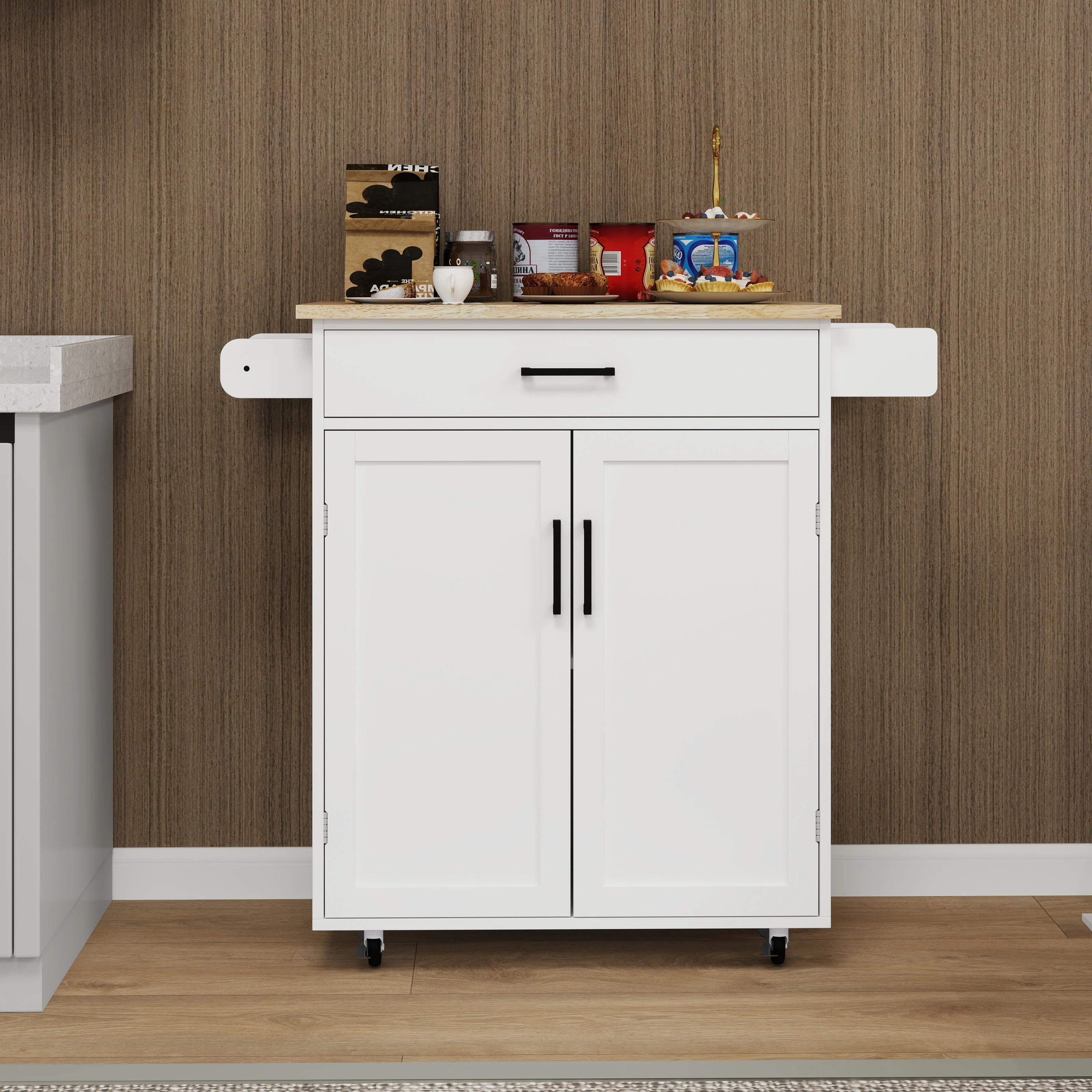 Kitchen island rolling trolley cart with 1 drawer & 2 doors with storage racks & Adjustable Shelves & towel rack - Image 9