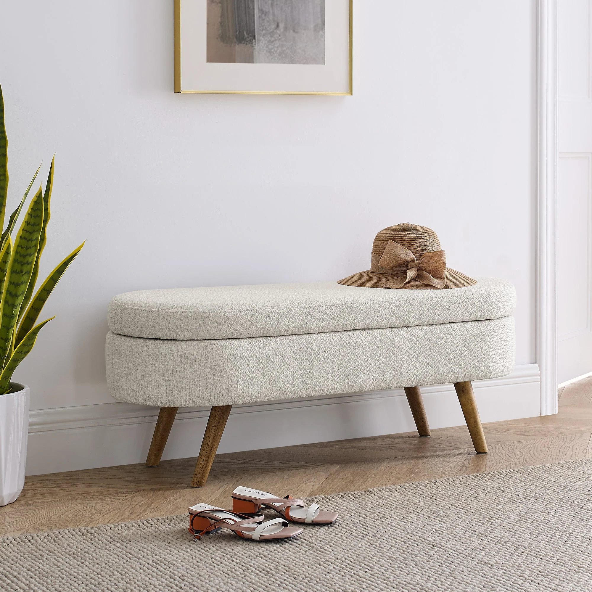 Ottoman Oval Storage Bench Rubber Wood Legs Beige(43.5"x16"x16") - Image 11