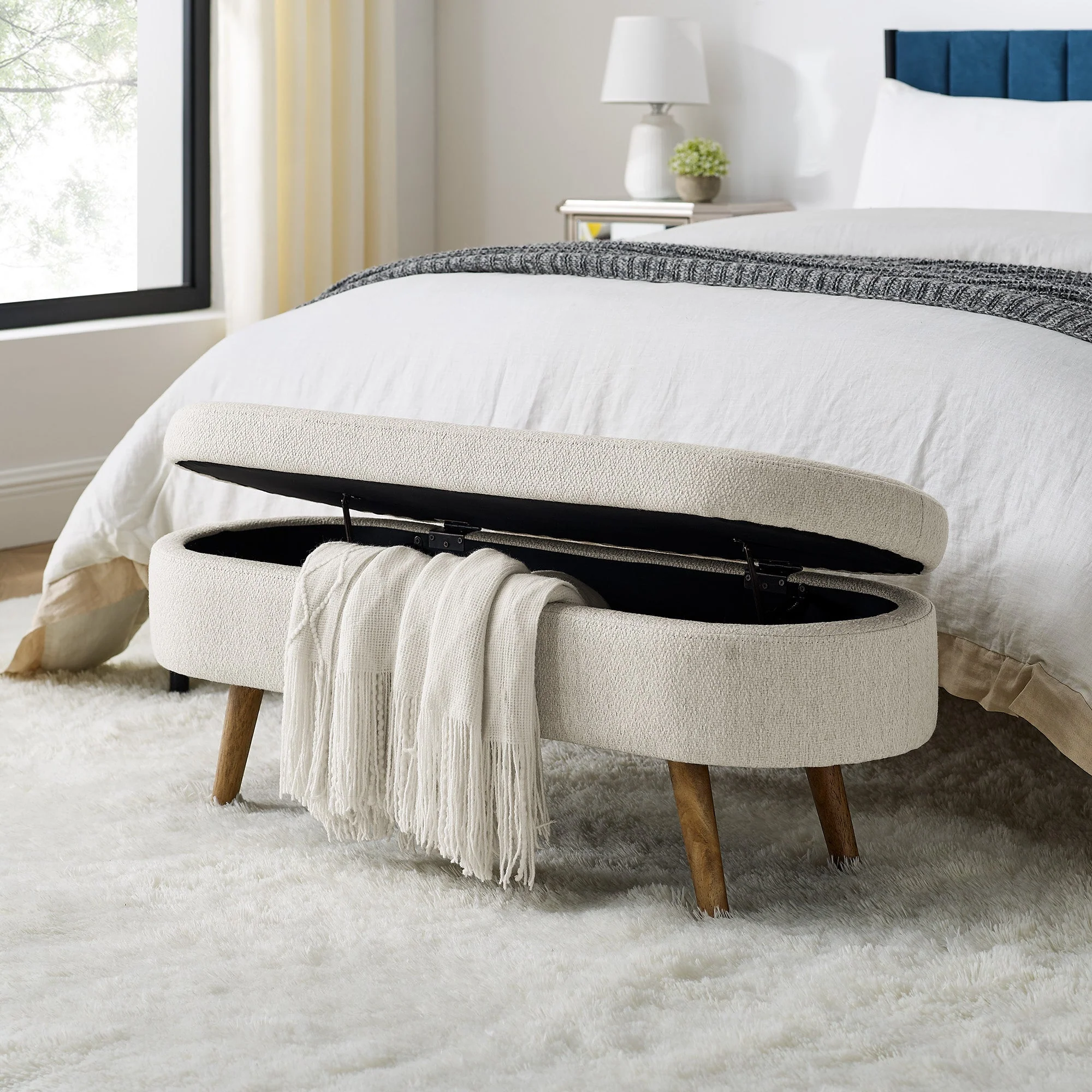 Ottoman Oval Storage Bench Rubber Wood Legs Beige(43.5"x16"x16") - Image 3