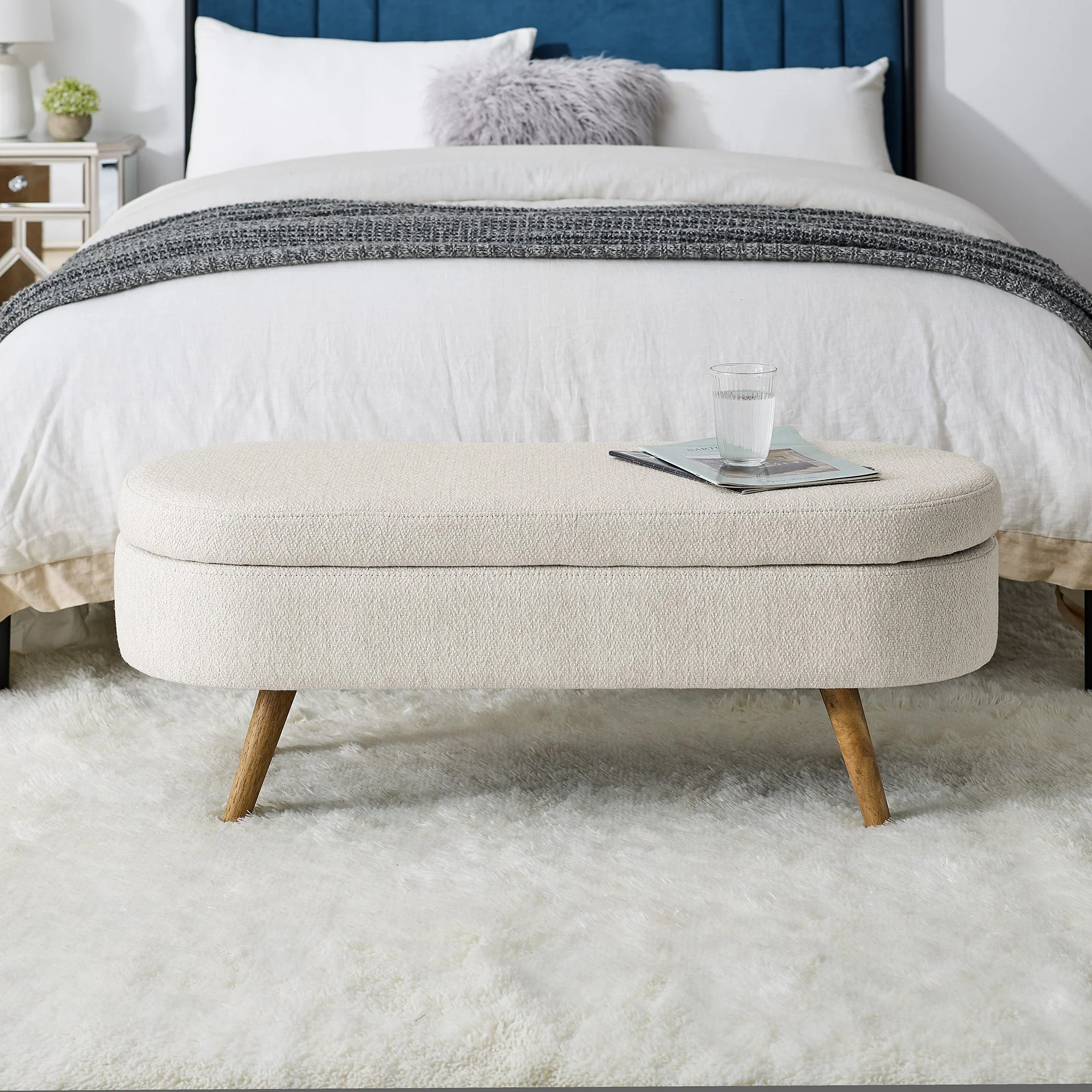 Ottoman Oval Storage Bench Rubber Wood Legs Beige(43.5"x16"x16") - Image 7