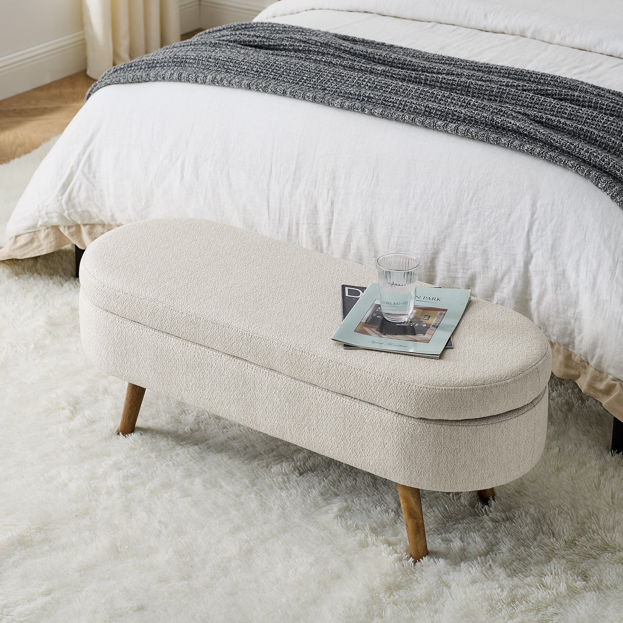 Ottoman Oval Storage Bench Rubber Wood Legs Beige(43.5"x16"x16") - Image 8