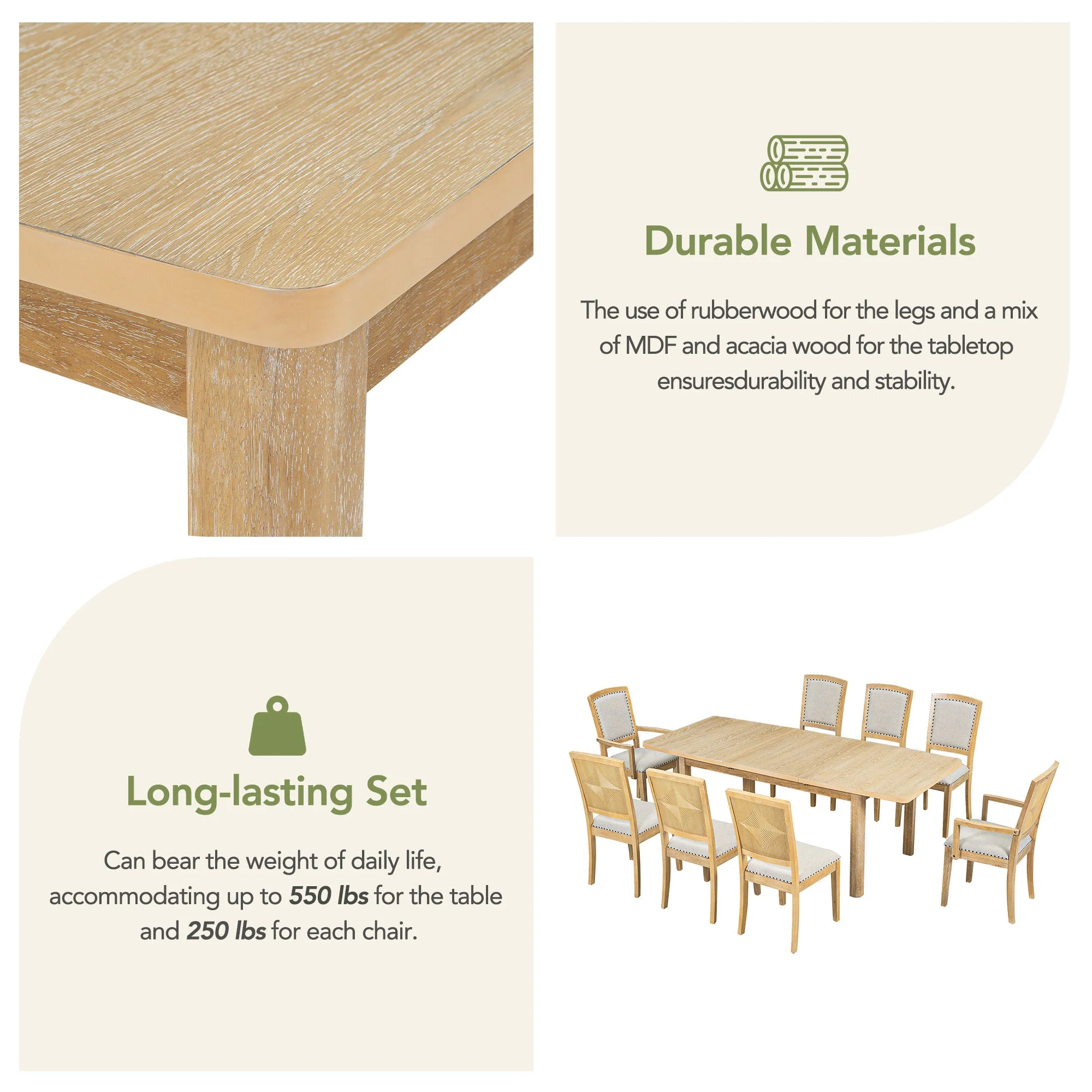 TOPMAX expandable 84 inch dining table set with 24 inch detachable leaves, 6 armless chairs and 2 armchairs  9 pieces natural - Image 7