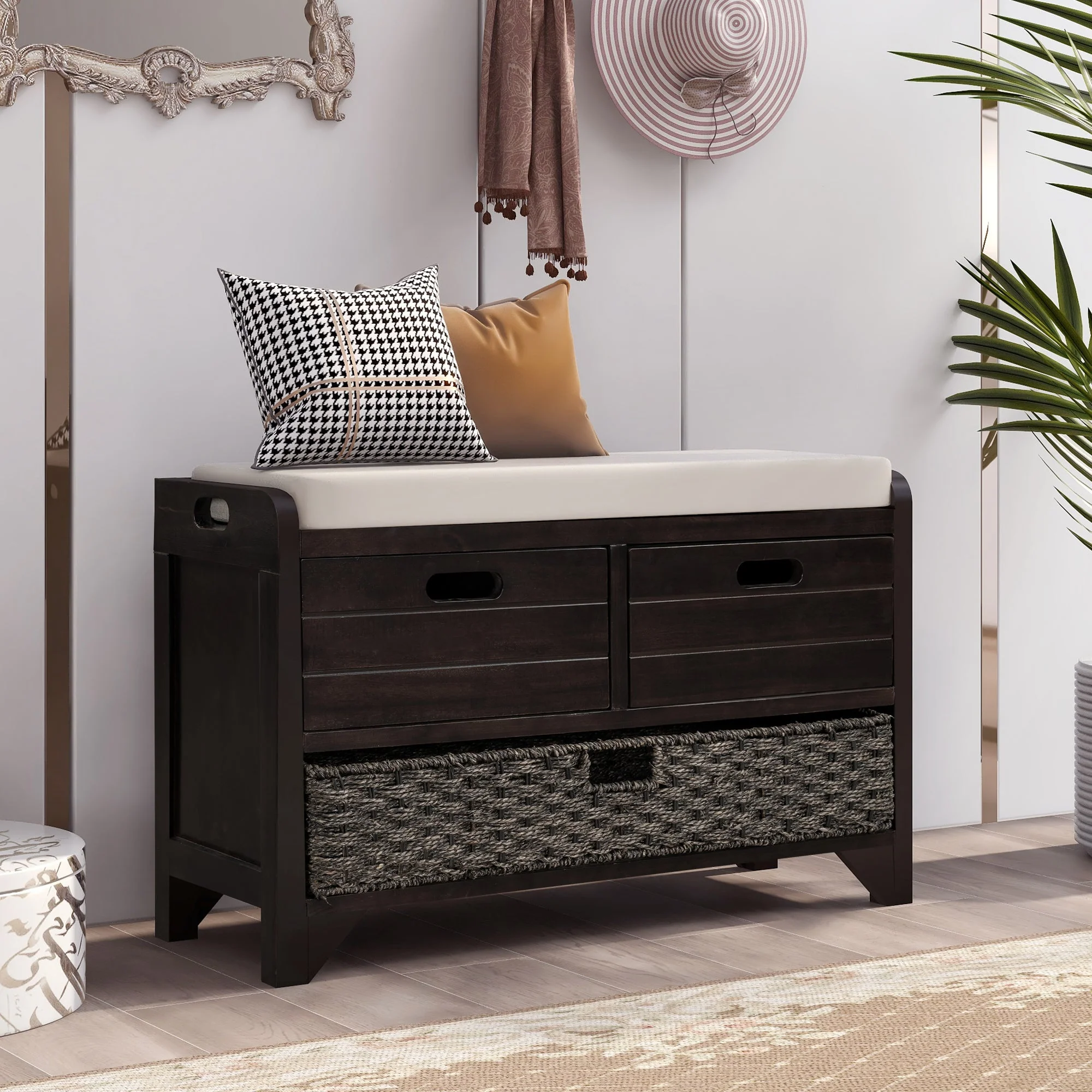 TREXM Storage Bench with Removable Basket and 2 Drawers, Fully Assembled Shoe Bench with Removable Cushion (Espresso) - Image 4